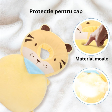 Rucsac cu Pernă de Siguranță pentru Cap, Model Tigru, Protecție Moale pentru Bebeluși, 33x6x19 cm, 180 g, Crem