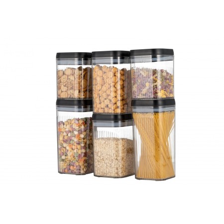 Cutii de Depozitare Alimente, Flippy, Set din 10 Cutii de tip Container, Recipiente pentru Cereale in Bucatarie,  Transparente cu Capac Negru