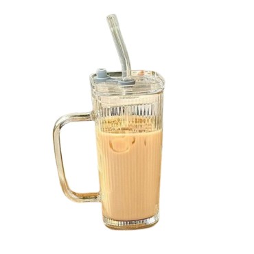 Pahar pentru Racoritoare, Flippy, din Sticla, 330 ml, cu Pai si Maner, Model Clear Dungi Verticale, Transparent