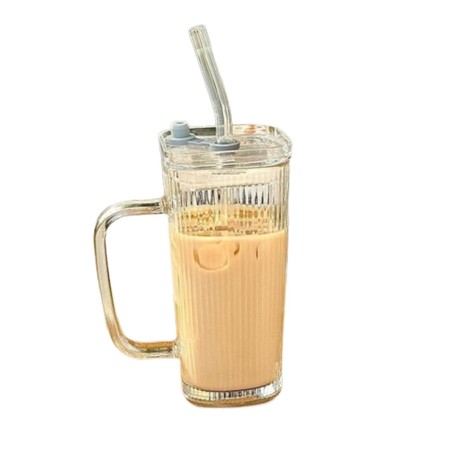 Pahar pentru Racoritoare, Flippy, din Sticla, 330 ml, cu Pai si Maner, Model Clear Dungi Verticale, Transparent