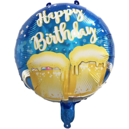 Balon din Folie Metalizata, Flippy, Mini Figurina Rotunda, Model Halbe de Bere, Happy Birthday, Tematica Aniversare, 45 cm, Ambalaj Individual, Pai Inclus, Umflare cu Aer sau Heliu, Albastru