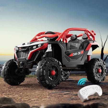 Masina Electrica pentru Copii, Flippy, Tip Buggy/UTV Off-Road Dual Drive, Conectare Bluetooth, Telecomanda, Lumina Intermitenta si Muzica, Baterie 380*2, 6V 7Ah, 97 x 62 x 58 cm, Rosu Negru