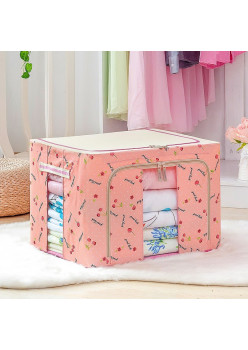 Cutie de Depozitare Pliabilă, 24L, Pânză Oxford, Cadru Metalic, Fermoar Bidirecțional, Fereastră Transparentă, Imprimeu Cireșe, 40x30x20 cm, Roz