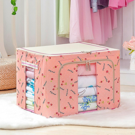 Cutie de Depozitare Pliabilă, 24L, Pânză Oxford, Cadru Metalic, Fermoar Bidirecțional, Fereastră Transparentă, Imprimeu Cireșe, 40x30x20 cm, Roz