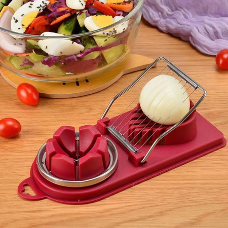 Feliator multifunctional Flippy pentru oua, mozzarela, fructe, 2 forme de feliere, agatatoare, 20 cm, Visiniu