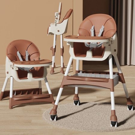 Scaun de Masă cu Roti și Tavă Reglabilă pentru Bebeluși, Telescopic, Pliabil, cu Centură 5 Puncte și Depozitare, 97x73x65 cm, Maro