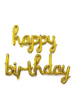 Set 10 Baloane din Folie Metalizata, Flippy, Figurine Litere, Model Scris de Mana Happy Birthday, Tema Aniversare, 40 cm, Ambalaj Individual, Pai Inclus, Umflare cu Aer sau Heliu, Auriu