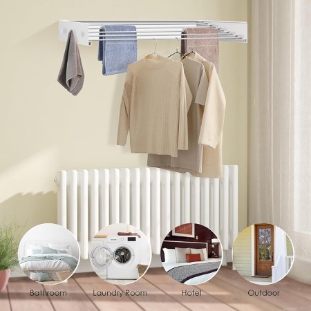 Suport Haine, Flippy, Depozitare si Uscare Rufe, din Aluminiu, Pliabil, Impermeabil, Montare prin Perforare, 80 cm, Alb
