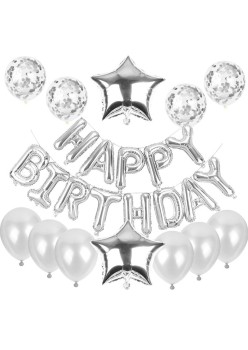 Set baloane din folie metalizata si baloane din latex, baloane HAPPY BIRTHDAY, 4 baloane latex Confetti, 6 baloane latex Roz, 2 baloane folie Steluta, 40cm, Argintiu
