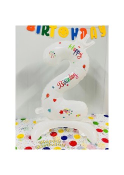 Balon din Folie Metalizata, Flippy, Figurina Cifra, Model 2 cu Happy Birthday Scris, Tema Aniversare 81 cm, Ambalaj Individual, Pai Inclus, Umflare cu Aer sau Heliu, Alb