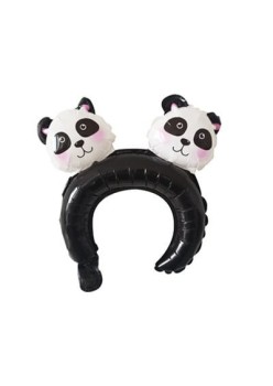 Balon din Folie Metalizata, Flippy, Tip Coronita cu Urechi, Model Panda, Ambalaj Individual, Pai Inclus, Umflare cu Aer sau Heliu, 30 x 27 cm, Albastru
