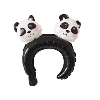 Balon din Folie Metalizata, Flippy, Tip Coronita cu Urechi, Model Panda, Ambalaj Individual, Pai Inclus, Umflare cu Aer sau Heliu, 30 x 27 cm, Albastru