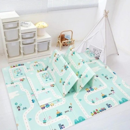 Covoras pentru Copii, Flippy, cu 2 Fete, Model Oras/Safari, din XPE+PE, Impermeabil, Antiderapant, Protectie Termica, +3 Luni, Pliabil, 180 x 200 x 1 cm, Multicolor