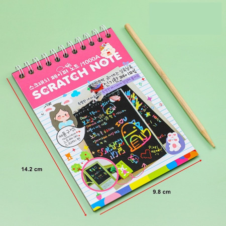 Caiet cu fise razuibile Flippy, DIY Magic Scratch, 12 File, Curcubeu, Creion din Lemn, Cartonase negre, 14.2 x 9.8 cm, Roz deschis