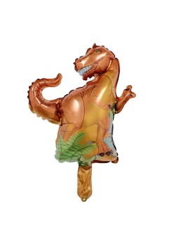 Balon din Folie Metalizata, Flippy, Mini Figurine Dinozauri, Model T-Rex, Tematica Aniversare, 48x34 cm, Ambalaj Individual, Pai Inclus, Umflare cu Aer sau Heliu, Multicolor