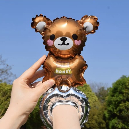 Balon din Folie Metalizata, Flippy, Figurine Animalute, Tip Bratara, Model Ursulet, Ambalaj Individual, Pai Inclus, Umflare cu Aer sau Heliu, Maro