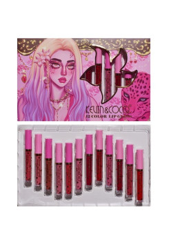 Set 12 Lip Gloss Kevin&Coco, nuante de rosu, rose, nude, roz, cutie dreptunghiulara, 26.5x16.5x2.2 cm, 200 g, multicolor