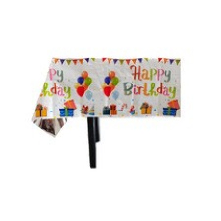 Fata de Masa, Flippy, din Folie, Imprimeu Happy Birthday cu Baloane, 137 x 183 cm, Alb