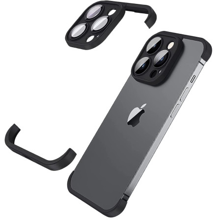Husa Metalica Edgeless  Compatibila cu iPhone 15 Pro Max, Flippy, Protectie pentru Colturi si Camera, Aliaj, Antisoc, Antizgariere, Negru Metalizat
