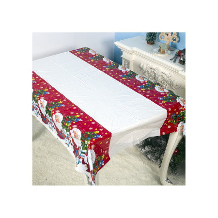 Fata de masa dreptunghiulara Flippy, PVC, 2.5 mm grosime, imprimeu Mos Craciun cu iepuras, potrivit pentru Craciun, utilizare multipla, 180 x 108 cm, alb