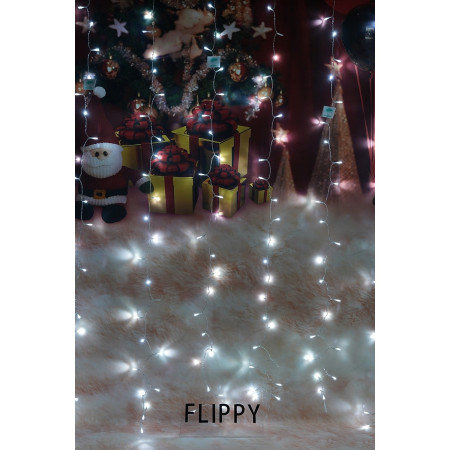 Instalatie Craciun, Tip Perdea, IP44, 6 m x 2 m, 720 LED-uri, Alb rece, cu flash, Transformator cu telecomanda, Interconectabila, Prelungitor 3 m inclus, Fir transparent, Interior/ Exterior, Flippy