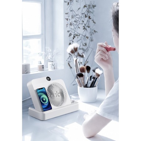 Ventilator 2in1, Flippy, Functie Incarcare Telefon Wireless, 100 Trepte de Viteza, 2400 mAh, 5V, 2A, 25 x 16.5 x 24 cm, Alb