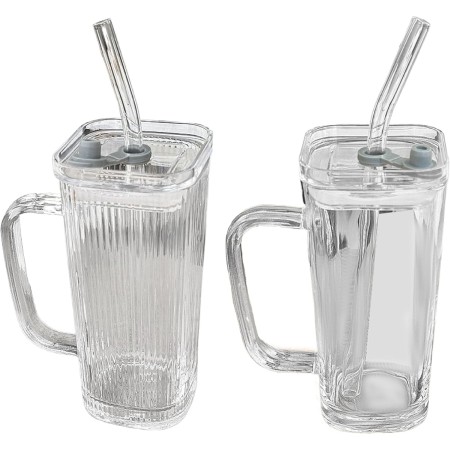 Pahar pentru Racoritoare, Flippy, din Sticla, 330 ml, cu Pai si Maner, Model Clear Dungi Verticale, Transparent