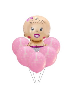 Set baloane pentru fetite, Flippy, FIRST ANYVERSARY, 5 latex 1 Birthday, 1 balon folie din aluminu baby girl, 71 cm, Roz
