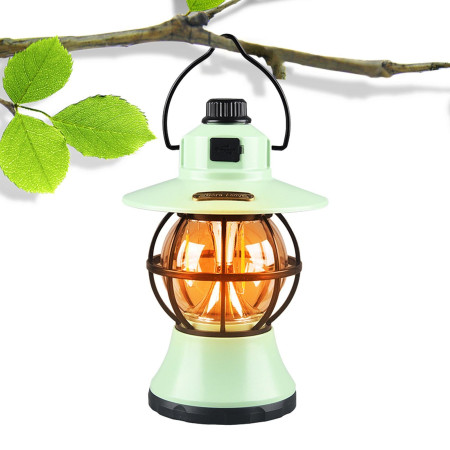 Lampă Camping Retro Portabilă, Felinar Vintage LED, 1200mAh, Reîncărcabilă USB, 3 Moduri de Iluminare, Intensitate Reglabilă, 5W, ABS, Mint, 20 cm
