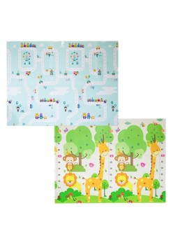 Covoras pentru Copii, Flippy, cu 2 Fete, Model Oras/Safari, din XPE+PE, Impermeabil, Antiderapant, Protectie Termica, +3 Luni, Pliabil, 180 x 200 x 1 cm, Multicolor