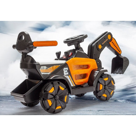 Masinuta Electrica Flippy, Tip Excavator, Brat Electric cu Maneta de Control, Spatar si Bare Laterale, Sistem Muzica si Lumini, 1-8 Ani, 72 x 36 x 50 cm, Portocaliu