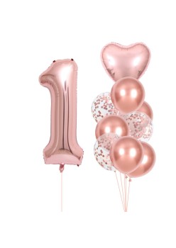 Set 10 Baloane Folie si Latex, Flippy, Tematica Aniversare, Baloane Latex 25cm, Figurina Inimioara 45 cm, Cifra 1 de 81 cm, Ambalaj Individual, Pai Inclus, Umflare cu Aer sau Heliu, Roz Pal