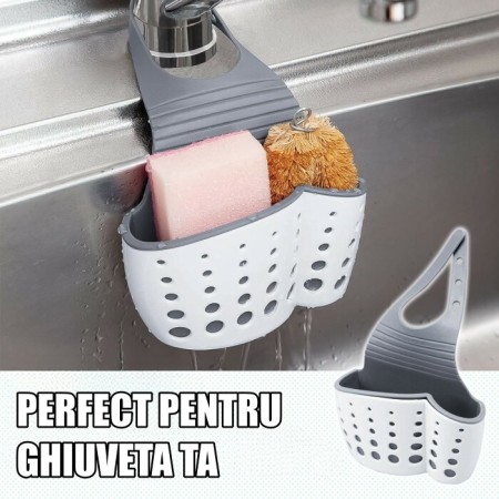 Organizator Chiuveta cu Scurgere – Suport Laveta si Burete, Albastru, Plastic Flexibil, Curea Reglabila, 15x21 cm