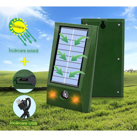 Repelent Solar cu Ultrasunete, LED Alb/Roșu, Anti Rozătoare și Insecte, 9–36.5 kHz, IP66, Verde, 12x6.5 cm