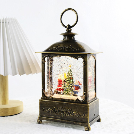 Decoratiune Craciun, Tip Felinar, Figurine Mos Craciun cu Baietel, 3 Moduri, Functie Muzicala, Zapada in Miscare, Functioneaza Cu Baterii ( 3 x AA neincluse), Cablu USB (Inclus), Model Vintage Negru - Auriu, 14.5 x 8 x 23 cm, Alb Cald