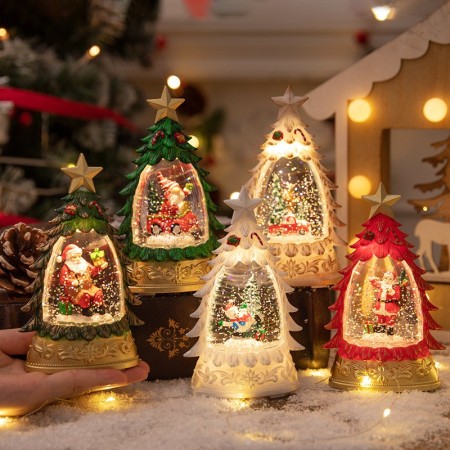 Decoratiune de Craciun tip Brad, Flippy, Glob de Cristal cu Fulgi de Zapada, Model Masinuta cu Brad, Iluminare LED, 16 x 9 x 5 cm, Carcasa Vintage Bej, Transparent
