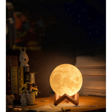 Lampa de veghe luna3D Moon Light, lumina LED alb cald, alimentare baterii, stand din plastic, 18 cm, Flippy