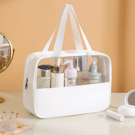 Geanta cosmetice, pentru voiaj sau organizare, material PVC/textil, impermeabila, portabila, 26 x 15 x 10 cm, alb