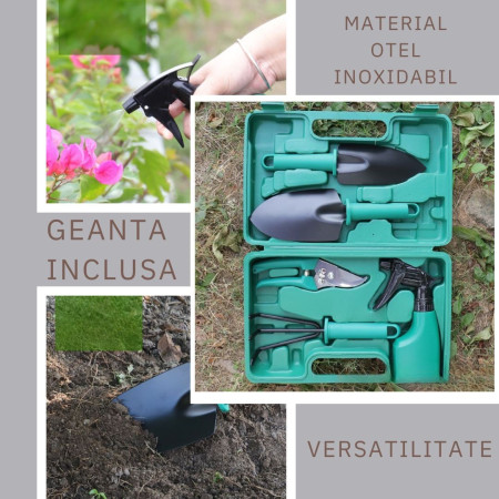 Set 5 Accesorii Grădinărit cu Geantă Depozitare, Oțel Inoxidabil, Foarfecă + Gheruțe + Pulverizator, 18.5 x 29.5 cm, Verde