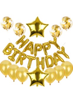 Set baloane din folie metalizata si baloane din latex, baloane HAPPY BIRTHDAY, 4 baloane latex Confetti, 6 baloane latex Roz, 2 baloane folie Steluta, 40cm, Gold