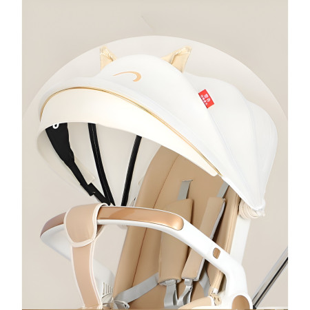 Cărucior Sport 3 în 1, Reversibil, Pliabil, Poziție Somn, Tavă Masă, Roti 360°, Suport Pahar, Copertină Soare, Alb Model Pisică, 6-36 Luni
