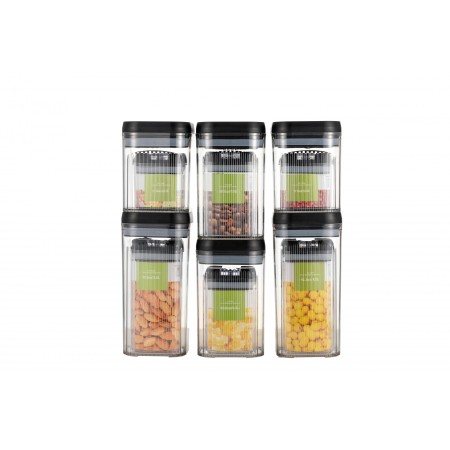 Cutii de Depozitare Alimente, Flippy, Set din 2 Cutii de tip Container, 1.3L, 0.5L, Recipiente pentru Cereale in Bucatarie,  Transparente cu Capac Negru