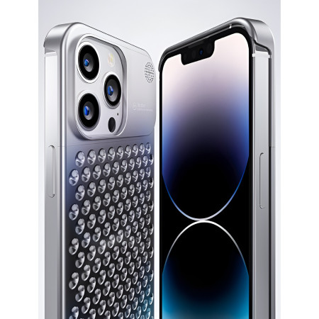 Husa Aromaterapia Compatibila cu iPhone 15 Pro Max, Flippy, Antisoc, Antizgariere, Protectie Camera si Supraincalzire, din Aliaj de Aluminiu, Argintiu