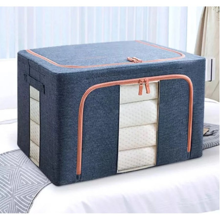 Cutie de Depozitare Pliabilă Premium, 24L, Textil Rezistent, Cadru Metalic, Fermoar Dublu, Ferestre Vizuale, 40x30x20 cm, Albastru Marin
