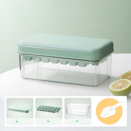Set Cutie pentru Gheata, Flippy, Uz Casnic, 1 Tavita pentru Cuburi, Capac Etans, Lopata, 23.5x13.3x10 cm, Verde