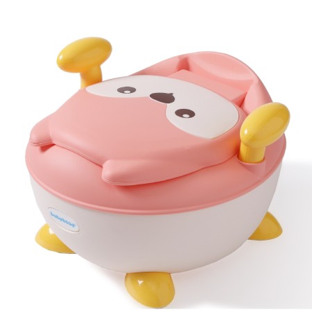 Olita pentru Copii, Flippy, +6 luni, Compartiment Detasabil, cu Capac, Antiderapanta, din Plastic, Colac Moale, Model Animat Vulpe, cu Maner, 34.5 x 35 x 23 cm, Roz/Alb