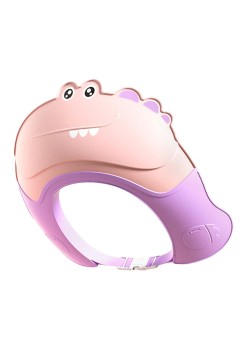 Casca de Dus, Flippy, Previne Scurgerea Apei si Samponului pe Fata, 0-12 Ani, Ajustabila, din TPE+PP, 20 x 23 cm, Model Crocodil, Roz/Mov