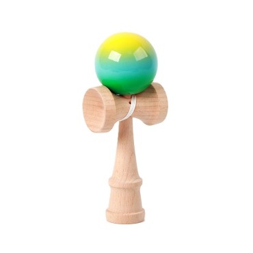 Jucarie Interactiva Kendama, Flippy, din Lemn, 18 cm, Joc de Indemanare pentru Copii si Adulti, Model Gradient 12, Galben/Albastru/Verde