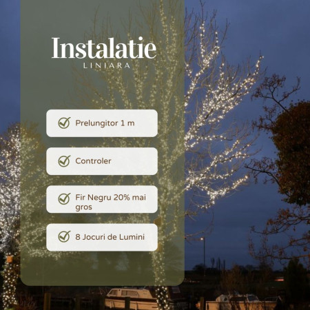 Instalatie de Craciun Liniara, 8 jocuri de lumini, 22 m, din care 1 m Prelungitor 220V, 300 LED, Controler, Fir Negru, Alb Rece