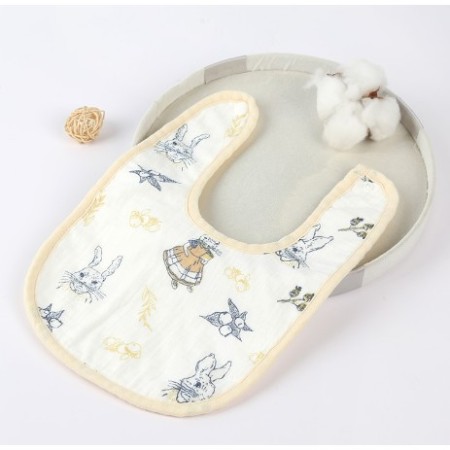 Baveta din Bumbac pentru Copii, Flippy, 0-12 Luni, 21x30 cm, Rezistenta la Apa, cu Capse, Model cu Iepurasi, Bej